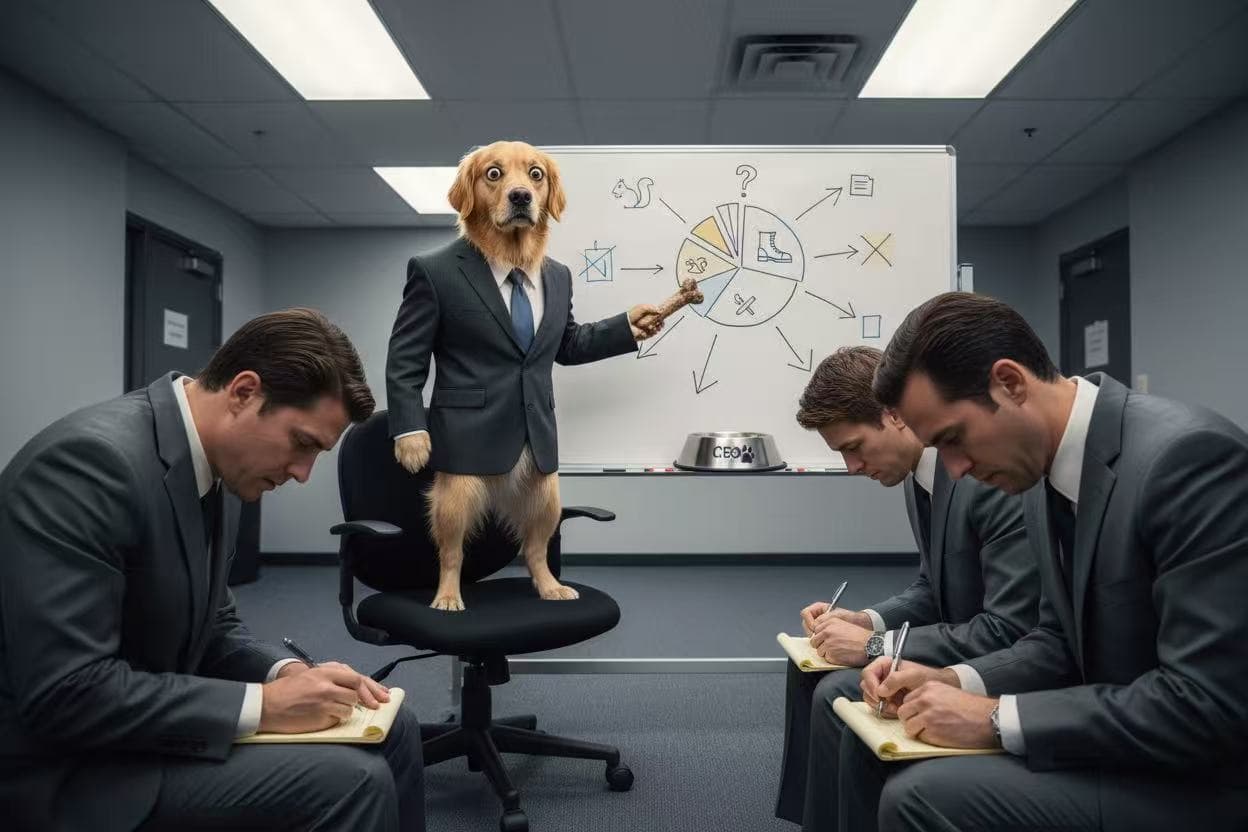 A dog in a business suit giving a presentation